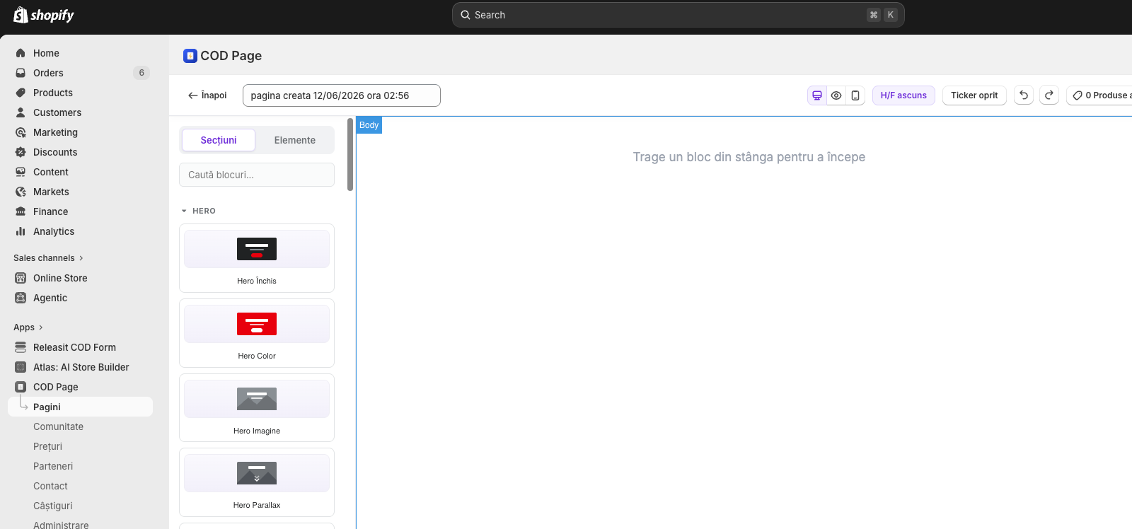 Editorul vizual COD Page în Shopify Admin, cu paleta de blocuri