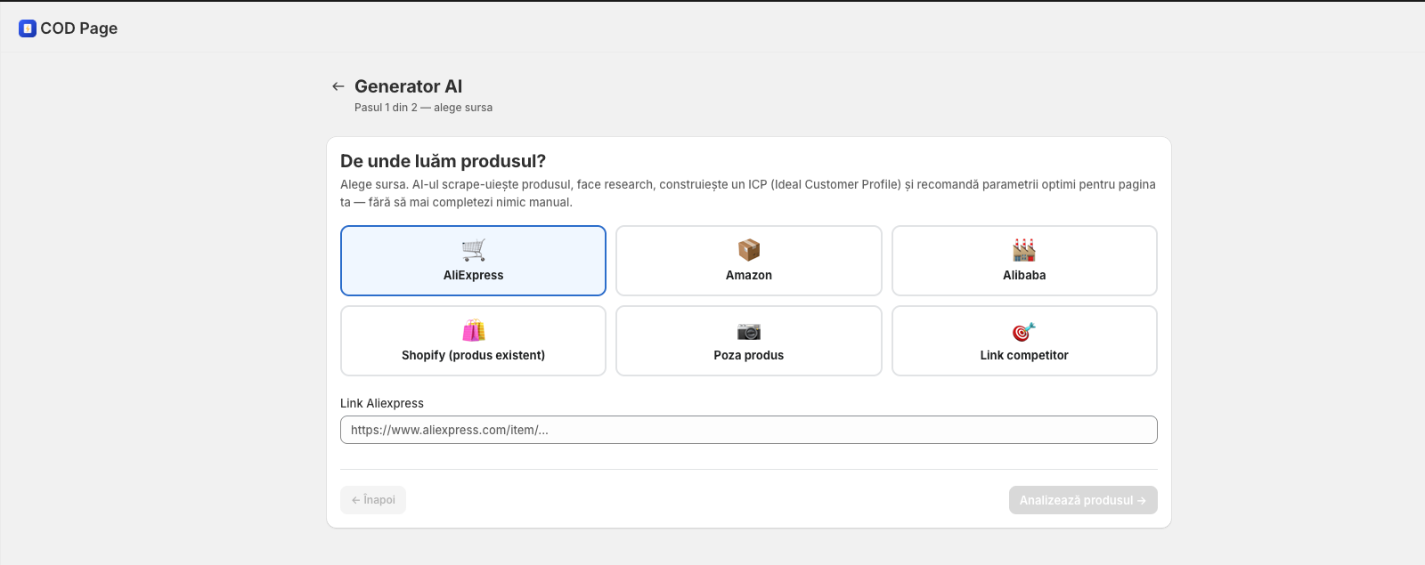Generatorul AI: alegi sursa produsului și AI face research-ul